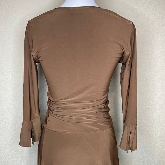 Modbe Chocolate Brown Surplice Wrap Dress Bell Sleeve Ruched Waist Stretchy Midi - Picture 4 of 12